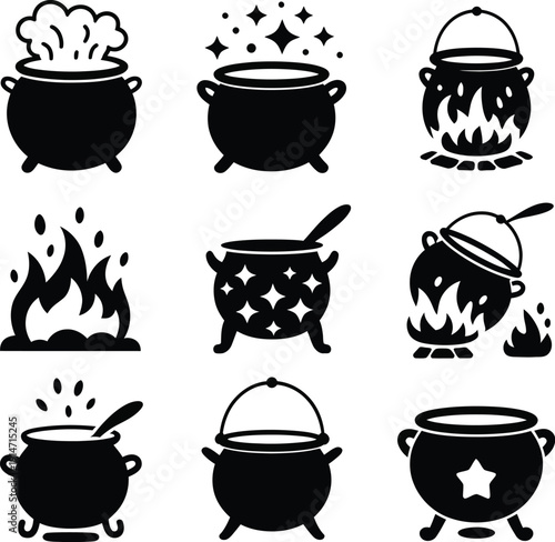 Witch Cauldron Icon Set: Magic Potion Pots, Spells, and Fire Minimalist Designs