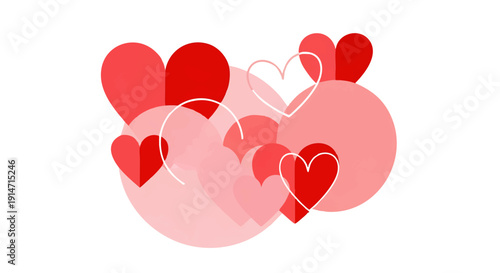 Vibrant graphic illustration of playful red and pink hearts, symbolizing deep love, tender affection, and joyful romance, perfect for celebrations and heartfelt moments