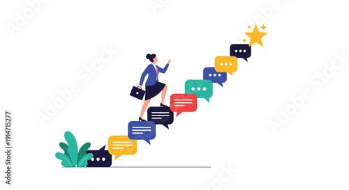 Ambitious businesswoman climbs a staircase made of colorful message bubbles to reach a golden star representing ultimate success.