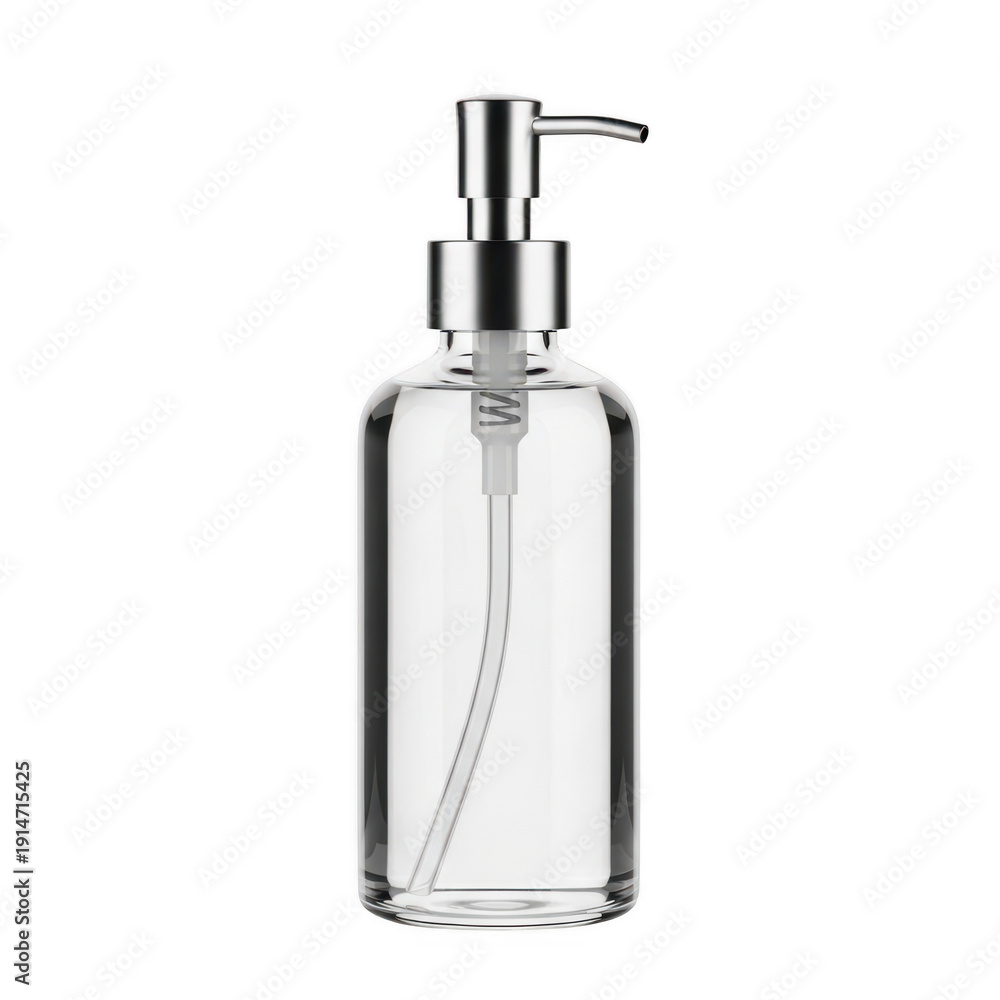 Fototapeta premium A clear glass soap dispenser with a silver pump on a white background. isolated on transparent background