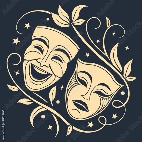 Elegant Decorative Emblem Featuring Comedy and Tragedy Theater Masks with Floral Accents