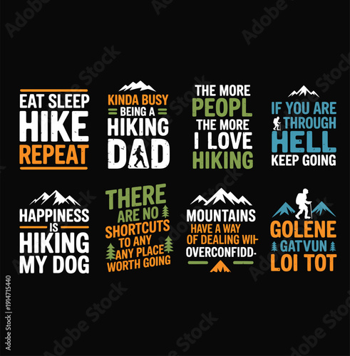 Colorful Hiking Themed Text on Black Background mountains trees