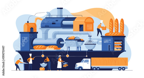 Detailed industrial scene shows the automated production line of a large bread factory with bakers monitoring the baking process.