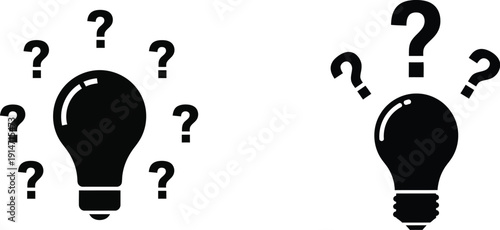 Two black lightbulbs with question marks on white background
