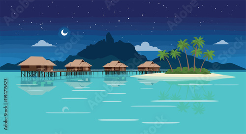 Serene tropical island resort features luxurious overwater bungalows under a beautiful starry night sky with a crescent moon.