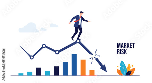 Worried businessman carefully balances on a declining line graph to represent market risk and economic instability during a crisis.