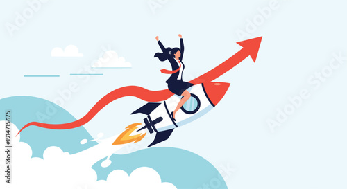 Successful businesswoman rides a rocket shaped like a rising arrow through the clouds symbolizing rapid business growth and takeoff.