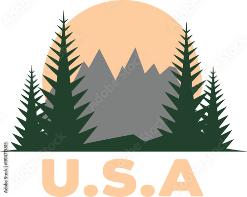 Mountain Landscape with Trees and Sunset U S A Text nature