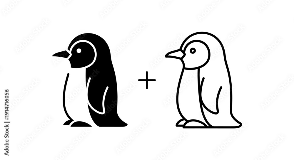 Obraz premium Penguin, cute, animals, nature, illustration, vector, cartoon, simple, line art, black and white, Vector