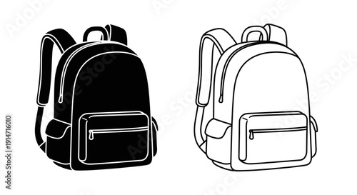 Two backpacks, black and white, school bags, travel backpacks, kids backpacks Vector