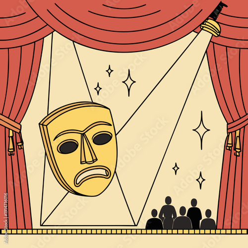 Theatrical stage scene with red curtains, spotlight illuminating a sad comedy mask, and audience silhouettes watching in the spotlight.