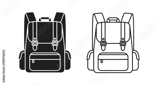 Black and white backpack with straps and buckles, vector illustration of school bag Vector