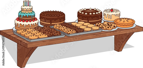 Assorted cakes and pastries on a wooden table.