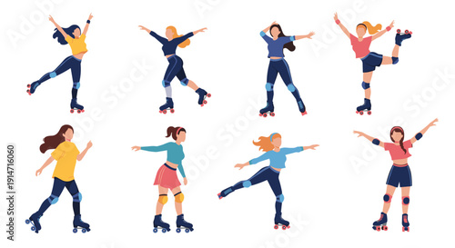 Collection of women are roller skating in various active poses and colorful outfits demonstrating skill and athleticism on quad skates.
