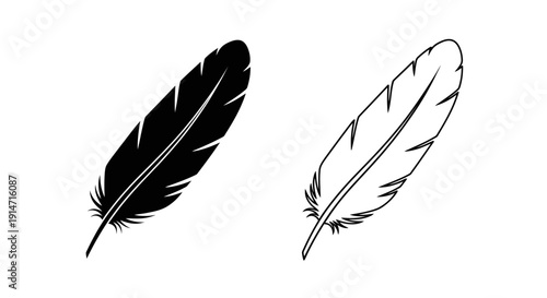 Two black and white feather illustrations, minimalist feather designs, vector art Vector
