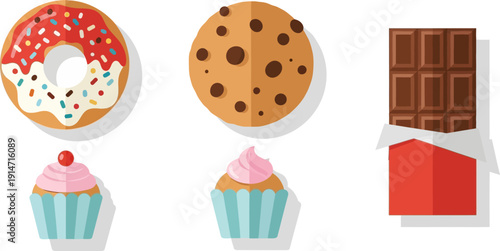 Assorted Sweet Treats Including Donuts Cupcakes Cookies and Chocolate.