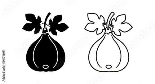 Black and white illustration of two different types of gourds with leaves Vector