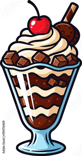 Delicious Chocolate Sundae with Whipped Cream and Cherry.