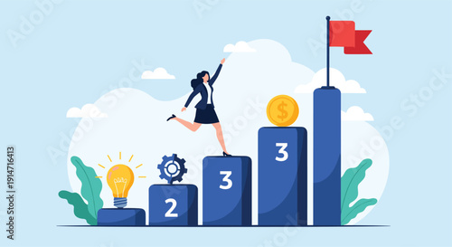 Businesswoman enthusiastically runs up numbered steps on a bar chart towards a goal flag representing successful career stages.