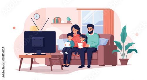 Happy family with two parents and two young children are sitting on a comfortable sofa and enjoying a television show together.
