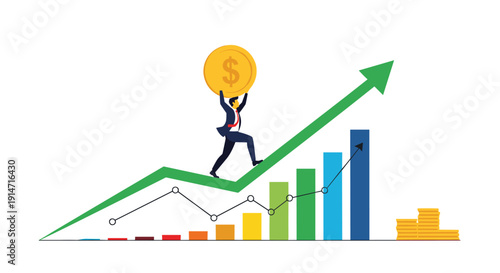 Ambitious businessman carries a large gold coin while walking up a rising green arrow graph showing wealth accumulation.