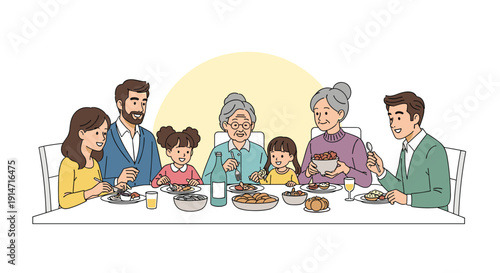 Happy extended family including grandparents, parents, and children enjoy a large healthy meal together around a dinner table.