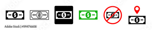 set paper money line or glyph with not allowed and location icon vector for finance maps. Ideal for banking apps and budget tools. Symbolizes restricted cash flow, hidden assets, and secure funds.