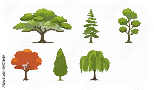 High Quality Realistic Tree Collection Isolated on White Background Full Frame Vector Illustration
