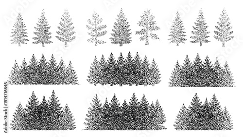 Large set of black hand drawn textured tree silhouettes including pine fir and deciduous trees for nature landscape forest designs.