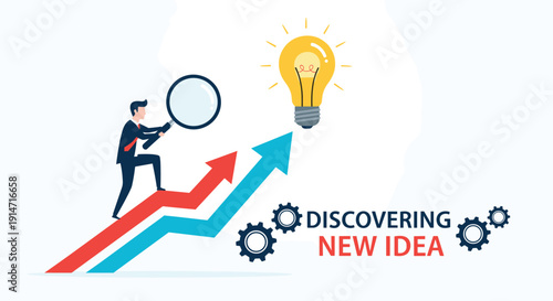 Ambitious businessman walks up a rising arrow graph with a magnifying glass to discover a new bright lightbulb idea.