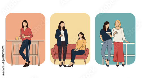 Group of diverse women standing and sitting in stylish casual outfits within three colorful decorative frames.