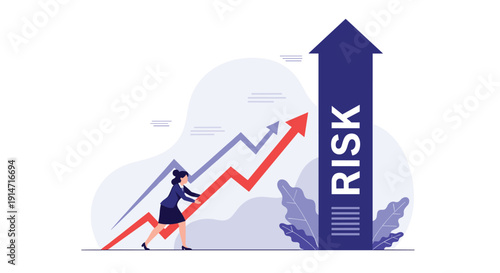 Professional woman pushing a large red arrow upwards against a massive purple arrow labeled risk for management.