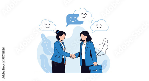 Two professional businesswomen in blue suits shaking hands with happy smiling cloud icons floating above them.