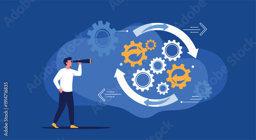 Man looking through a telescope at a complex system of interlocking gears and arrows on a dark blue background.