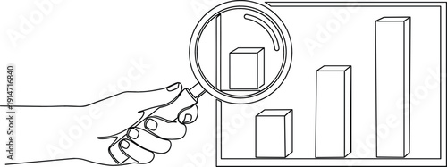 Continuous line drawing of a hand holding a magnifying glass over a bar chart representing business data analytics financial auditing and market research.
