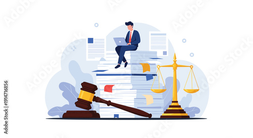 Legal professional sitting on a high stack of papers using a laptop near a large gavel and scales of justice icon.