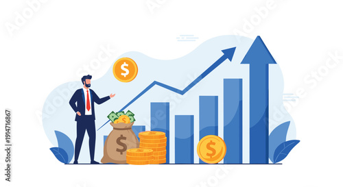 Successful businessman standing next to stacks of gold coins and a bag of money with a rising blue bar graph.