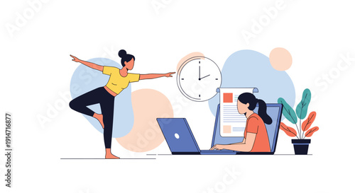 Woman practicing a yoga pose while another woman works on a laptop with a clock and plant in the background scene.