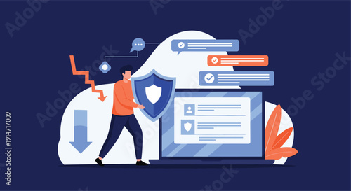 Professional using a blue shield to protect a laptop from falling red arrows and various alert message boxes.