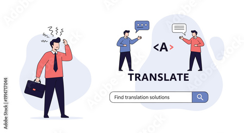 Businessman looking confused while searching for translation solutions on a screen with people speaking languages.