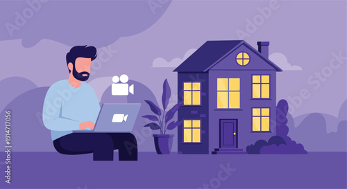 Man sitting with a laptop on his lap in front of a purple house with glowing windows at night for remote work.
