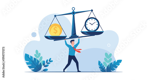 Businessman lifting a giant scales of justice balancing a large gold coin and a blue analog clock overhead.