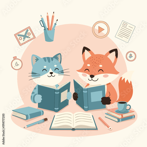 Cartoon Cat and Fox Reading Together