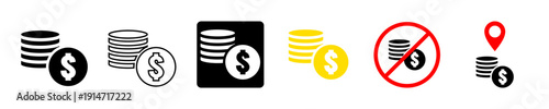 set coins line or glyph with not allowed and location icon vector for wealth apps. Ideal for budget mapping and restricted payment areas. Symbolizes localized finance and blocked transactions.