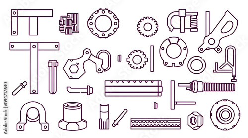 Metal products icons set. Fabrication of metal raw materials, parts, linear icon collection. T-beam, tube, channel, angle, hardware, bending, spring, mesh, metal bar, gear, casting. Line with editable