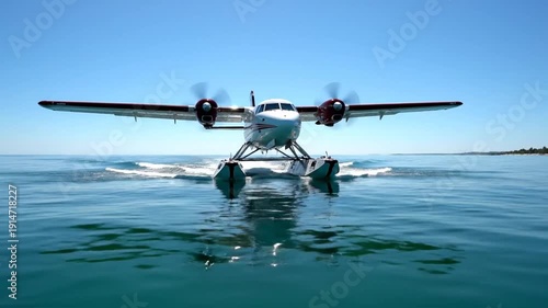 Seaplane Taking Off from Blue Water, Clear Sky Horizon, Adventure Travel Concept