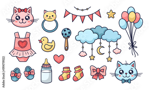 Cute infancy, motherhood theme set. Children clothing design, gender parties, baby shower collection. Baby theme set with Mobile, pacifier, milk bottle, rattle, stars. Outline vector