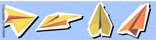 Set paper airplane editable halftone scrapbook element vector for retro travel. Ideal for vintage vacation journals and pop-art flight themes. Symbolizes nostalgic journeys and creative freedom.