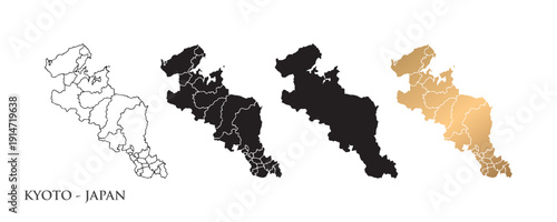 Vector illustration of a Kyoto map icon, Japan, in various styles, featuring black and gold colors. Design symbols.