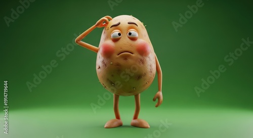 Contemplative potato character ponders an uncertain future with a green backdrop